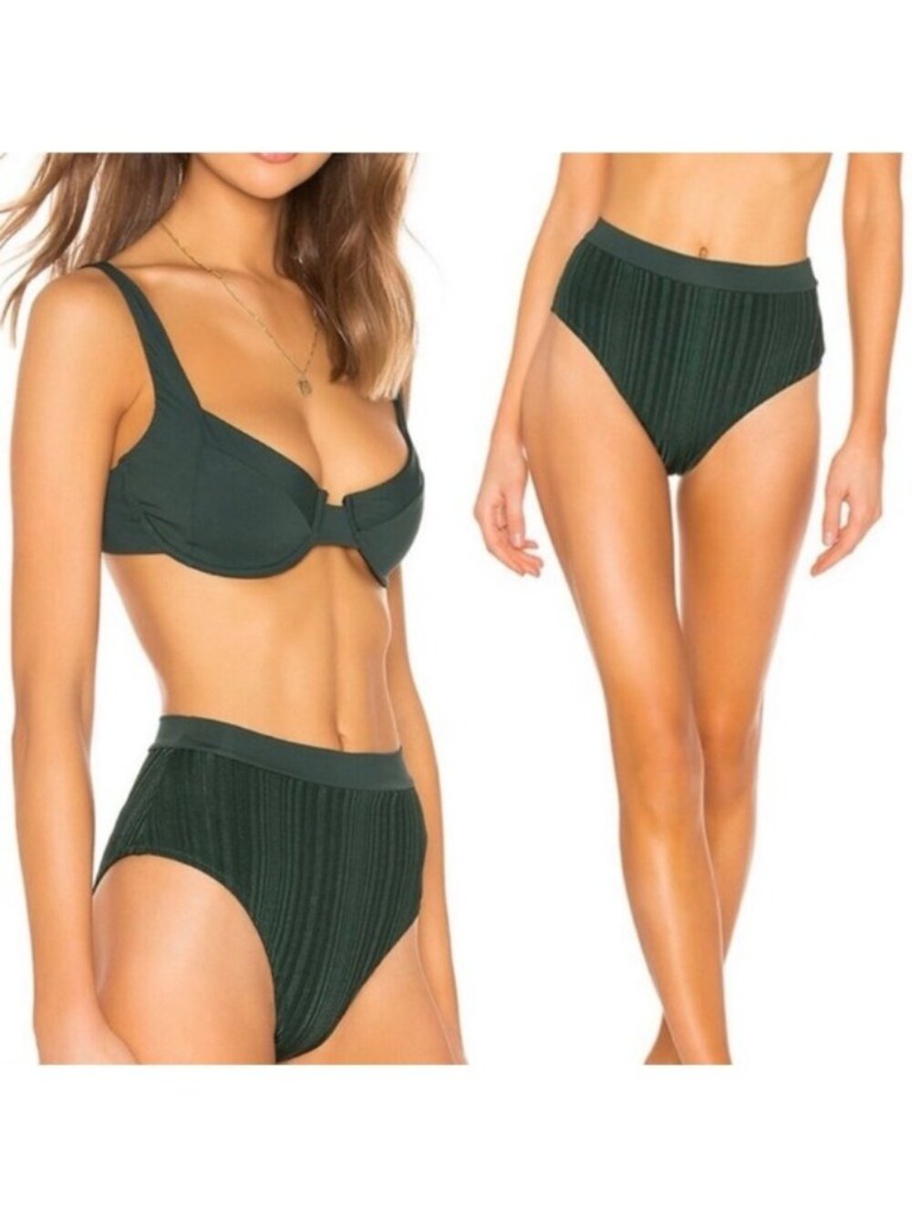 NEW Tavik Pernille High Waisted Bikini Bottom L Pine Green Metallic Stripe Swim